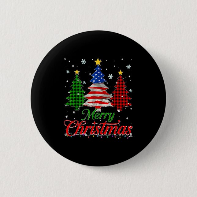 Merry Christmas Tree Plaid Us Flag Snowflake Xmas  Button (Front)