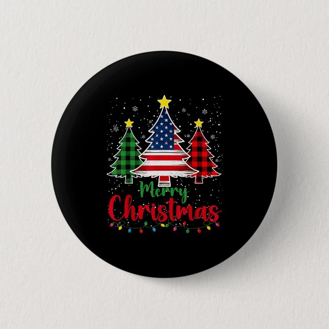 Merry Christmas Tree Plaid Us Flag Snowflake Xmas  Button (Front)