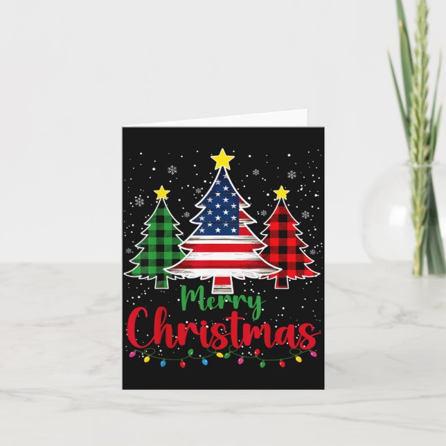 Merry Christmas Tree Plaid Us Flag Snowflake Xmas  Card (Front)