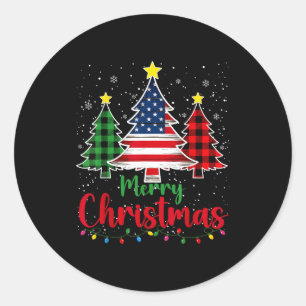 Merry Christmas Tree Plaid Us Flag Snowflake Xmas Classic Round Sticker