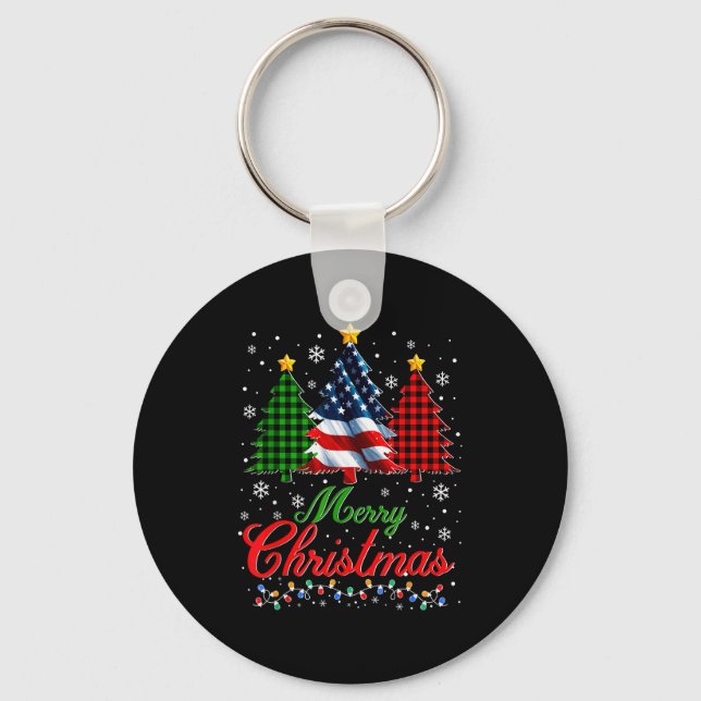 Merry Christmas Tree Plaid Us Flag Snowflake Xmas  Keychain (Front)