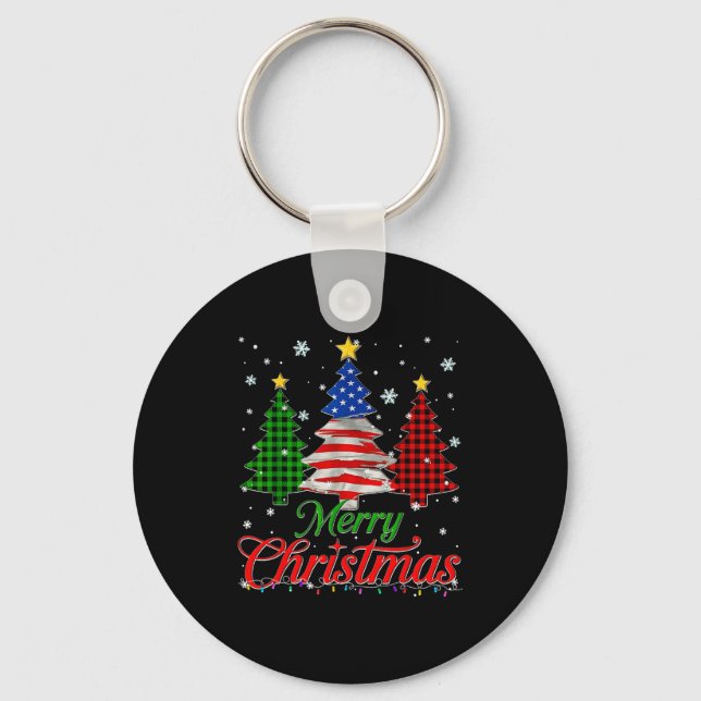 Merry Christmas Tree Plaid Us Flag Snowflake Xmas  Keychain (Front)