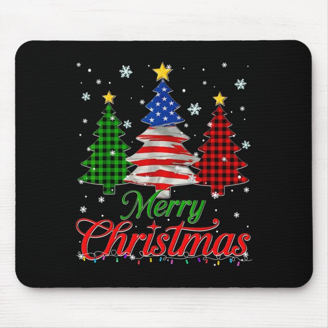 Merry Christmas Tree Plaid Us Flag Snowflake Xmas  Mouse Pad (Front)