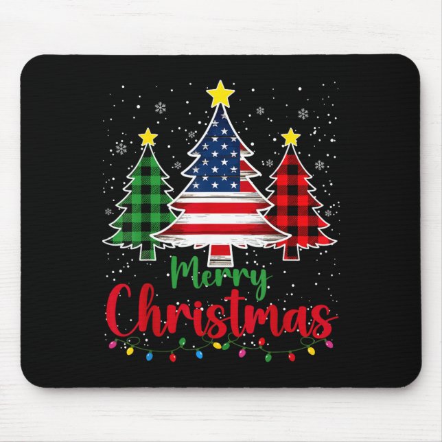 Merry Christmas Tree Plaid Us Flag Snowflake Xmas  Mouse Pad (Front)