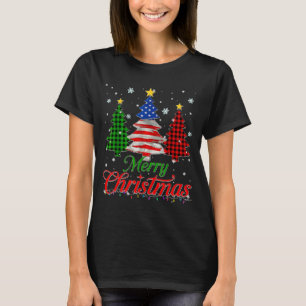 Merry Christmas Tree Plaid Us Flag Snowflake Xmas T-Shirt