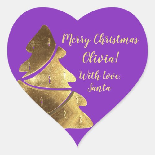 Merry Christmas Tree Purple Violet Gold Elegant Heart Sticker