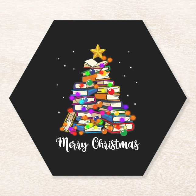 Merry Christmas Tree Reading Books Lover Librarian Paper Coaster (Front)