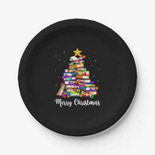 Merry Christmas Tree Reading Books Lover Librarian Paper Plates