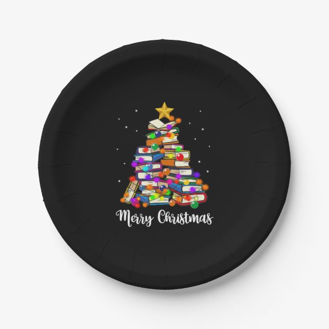 Merry Christmas Tree Reading Books Lover Librarian Paper Plates (Front)