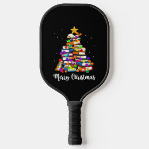 Merry Christmas Tree Reading Books Lover Librarian Pickleball Paddle