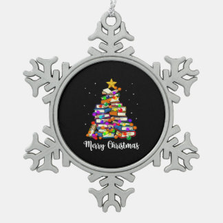 Merry Christmas Tree Reading Books Lover Librarian Snowflake Pewter Christmas Ornament
