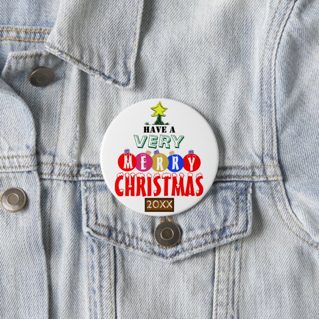 Merry Christmas Tree Red Blue Gold Ornaments   Button (In Situ)