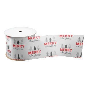 Merry Christmas Tree Red Gray Satin Ribbon
