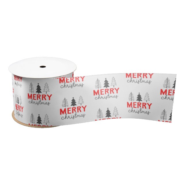 Merry Christmas Tree Red Gray Satin Ribbon (Spool)
