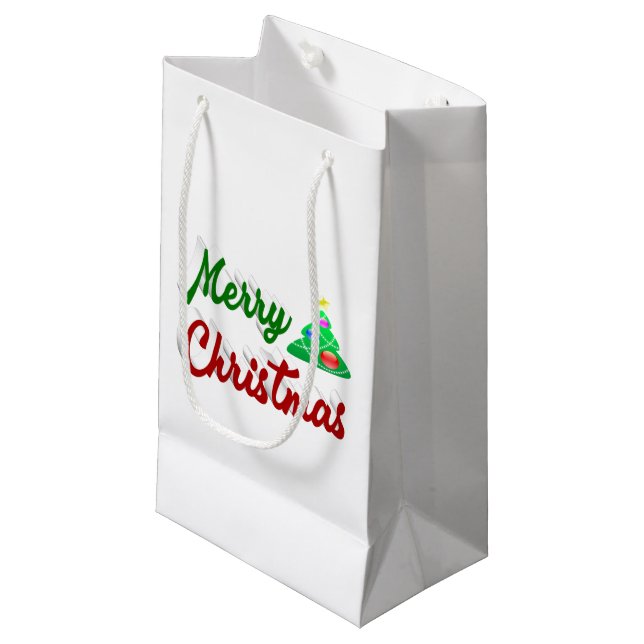Merry Christmas Tree red green script Small Gift Bag (Front Angled)