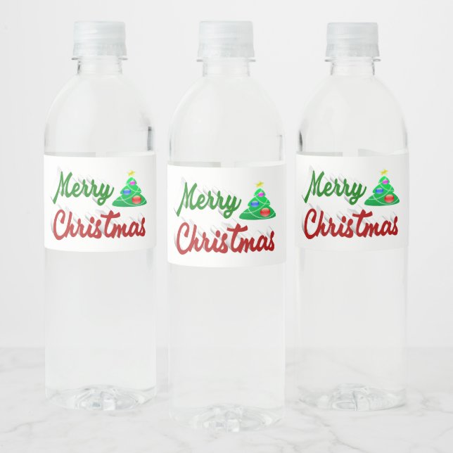 Merry Christmas Tree red green script Water Bottle Label (Bottles)