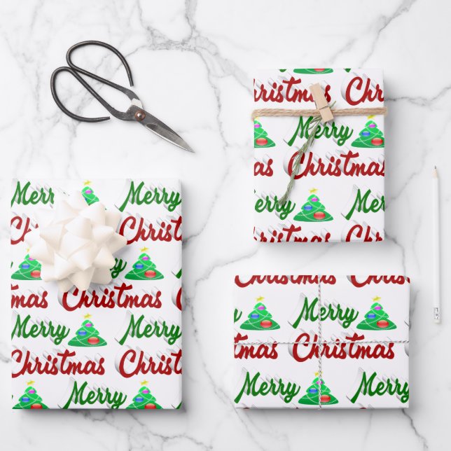 Merry Christmas Tree red green script Wrapping Paper Sheets (Front)