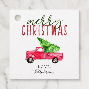 Merry Christmas Tree Red Pick up Truck Vintage Favor Tags