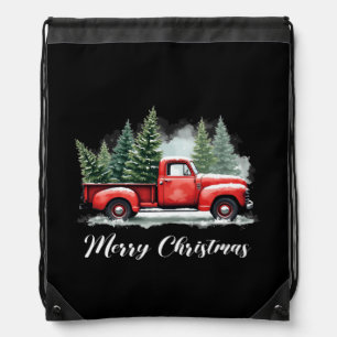 Merry christmas tree red Truck Drawstring Bag