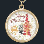 Merry Christmas Tree Reindeers Golden Snowflakes  Gold Plated Necklace<br><div class="desc">A unique personal touch to any piece of jewelry matching with flower bouquet or centerpiece for wedding. A heartfelt present that can be kept close to your heart. Perfect romantic accessory to match your jewelry set. Match it with your apparel, watch and more!. The illustration features Reindeers, Christmas tree, golden...</div>