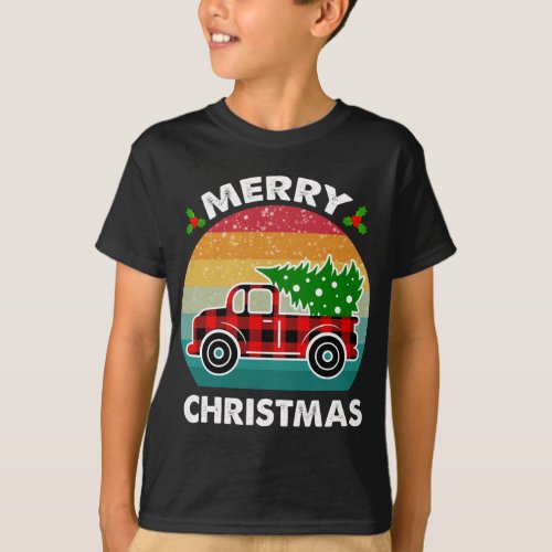 Merry Christmas Tree Retro Red Truck Buffalo Plaid T_Shirt