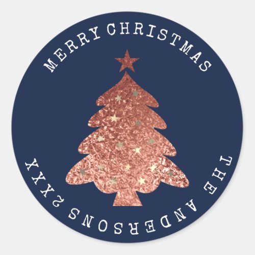 Merry Christmas Tree Rose Gold Blue Navy Classic Round Sticker
