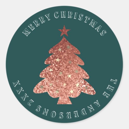 Merry Christmas Tree Rose Gold Cali Green Classic Round Sticker