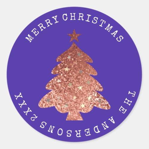 Merry Christmas Tree Rose Gold Cobalt Blue Classic Round Sticker