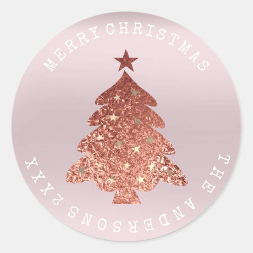 Merry Christmas Tree Rose Gold Lavender Pastel Classic Round Sticker