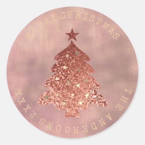 Merry Christmas Tree Rose Gold Linen Sepia Classic Round Sticker