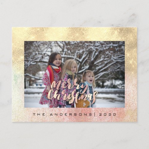 Merry Christmas Tree Rose Gold Pink Photo Glitter Postcard