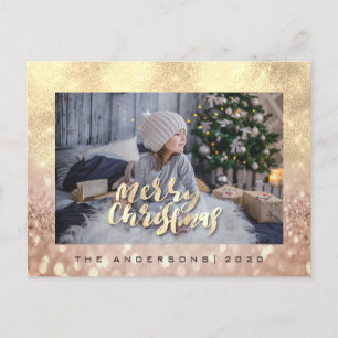Merry Christmas Tree Rose Gold Spark Photo Glitter Postcard
