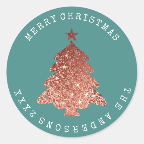 Merry Christmas Tree Rose Gold Teal Pastel Classic Round Sticker