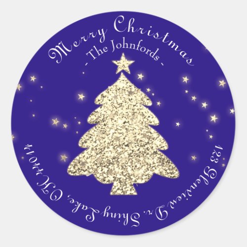 Merry Christmas Tree RSVP Greetings Gold Blue Navy Classic Round Sticker