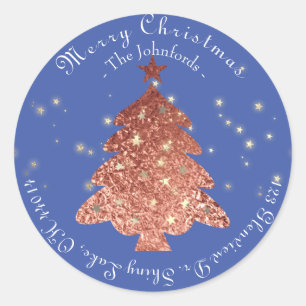 Merry Christmas Tree RSVP Rose Gold Blue Stars Classic Round Sticker