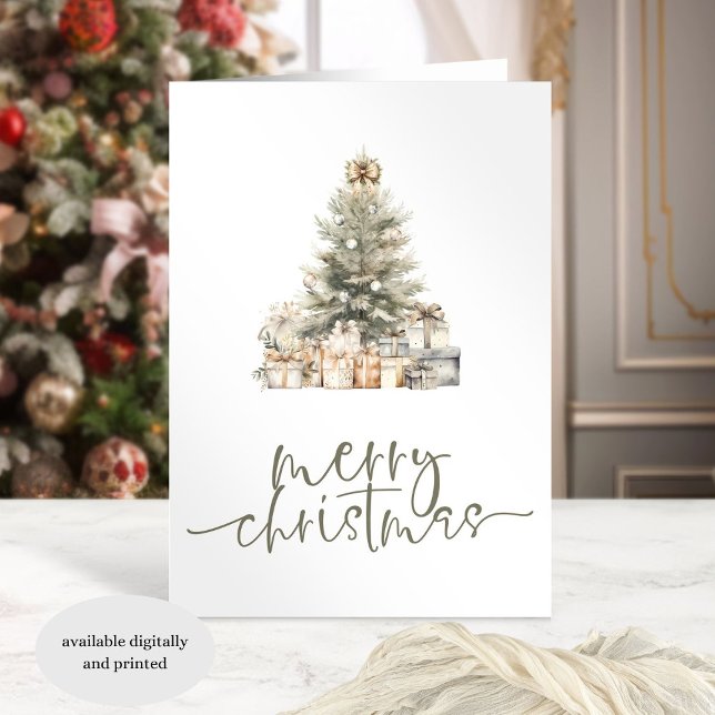 Merry Christmas Tree Sage Script Folded Holiday Card (Creator Uploaded)