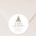 Merry Christmas Tree Sage Script Return Address Classic Round Sticker<br><div class="desc">Merry Christmas Tree Sage Script Return Name and Address. Merry Christmas is in an elegant set script in sage and the rest of the text you can easily personalise, with a sage Christmas tree with gifts illustration above the words. You can choose any colors for text and background via the...</div>