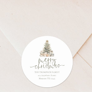 Merry Christmas Tree Sage Script Return Address Classic Round Sticker