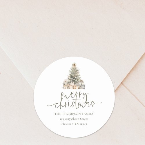 Merry Christmas Tree Sage Script Return Address Classic Round Sticker