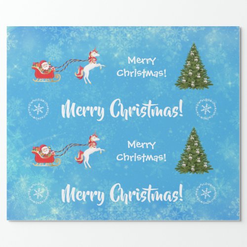 Merry Christmas Tree Santa Cute Girly Unicorn Blue Wrapping Paper