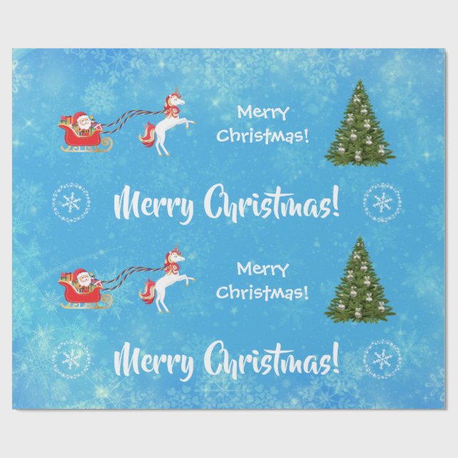Merry Christmas Tree Santa Cute Girly Unicorn Blue Wrapping Paper (Flat)