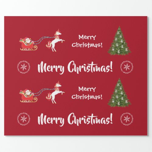 Merry Christmas Tree Santa Cute Girly Unicorn Red Wrapping Paper
