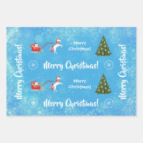 Merry Christmas Tree Santa Cute Kids Unicorn Blue Wrapping Paper Sheets