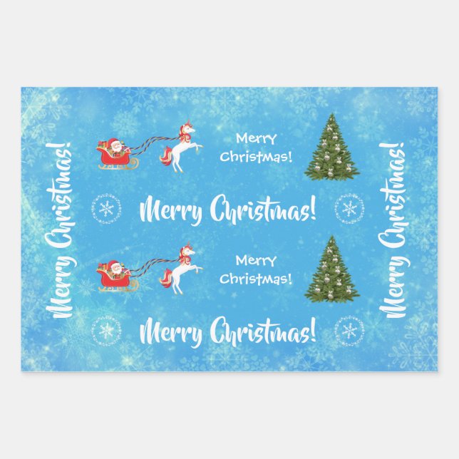 Merry Christmas Tree Santa Cute Kids Unicorn Blue Wrapping Paper Sheets (Front)