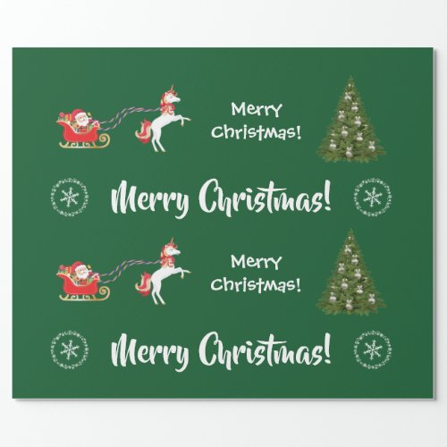 Merry Christmas Tree Santa Cute Kids Unicorn Green Wrapping Paper