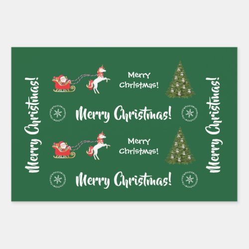 Merry Christmas Tree Santa Cute Kids Unicorn Green Wrapping Paper Sheets