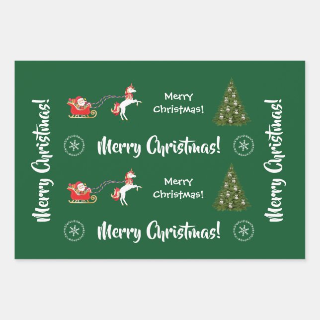 Merry Christmas Tree Santa Cute Kids Unicorn Green Wrapping Paper Sheets (Front)