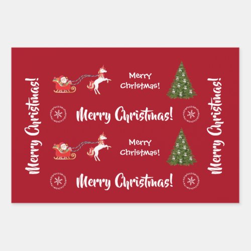 Merry Christmas Tree Santa Cute Kids Unicorn Red Wrapping Paper Sheets