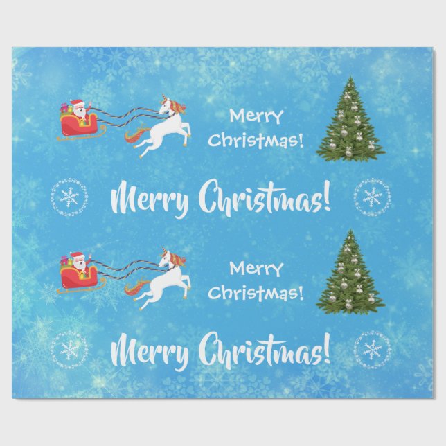 Merry Christmas Tree Santa Sleigh Girly Unicorn Wrapping Paper (Flat)