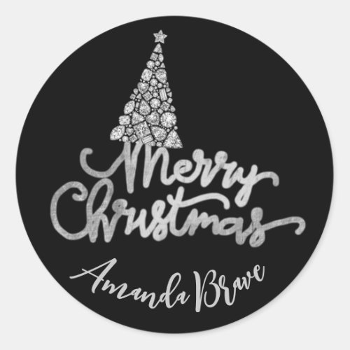 Merry Christmas Tree Script Name Black GrayDiamond Classic Round Sticker